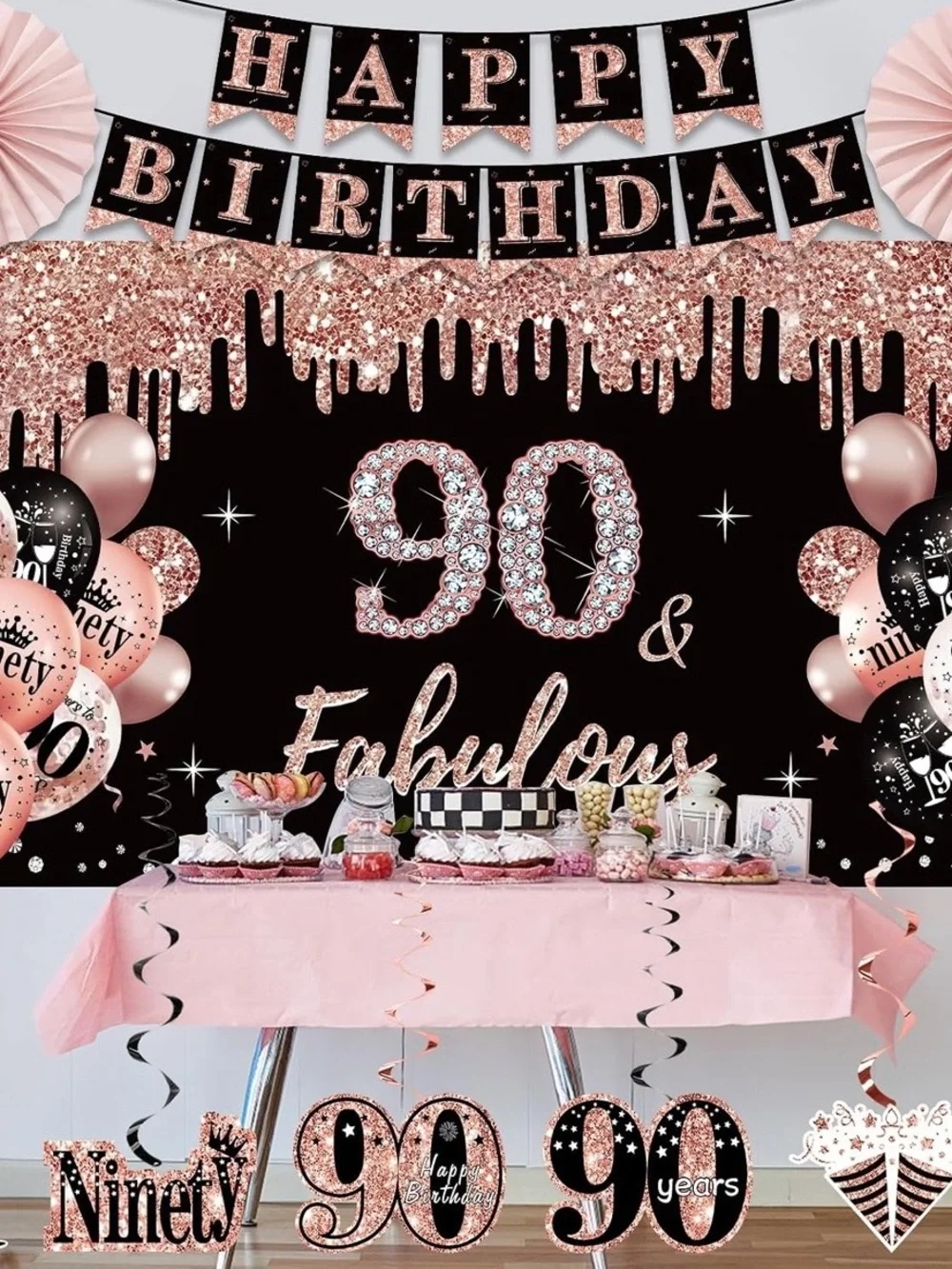 90 & Fabulous Rose Gold Birthday Party Decor Set by